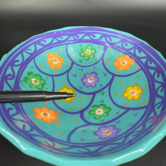 Hand Painted Mexican Pottery Footed Salsa Dish Trinket Dish Holder Vintage Decor - Picture 5 of 10